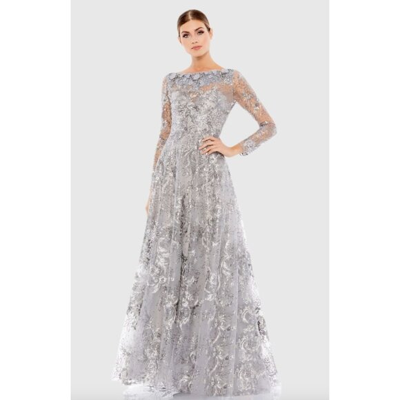 Mac Duggal A67498 Floral Embroidered Illusion Long Sleeve Gown Sterling Size 12